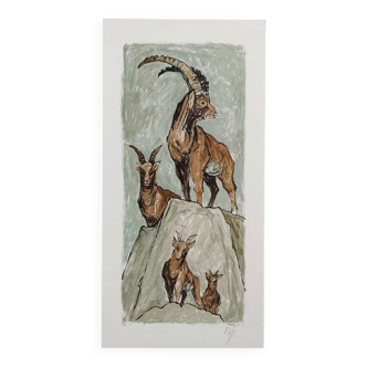 AW Diggelmann – Impression lithographique de la famille Alpine Ibex - Signé vintage des années 1970