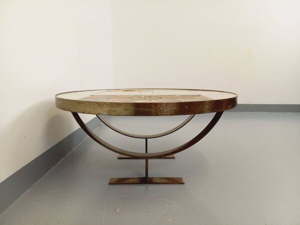 Table basse ronde vintage de Jean Gregorieff pour Roche Bobois des années 60 70 en céramique acier