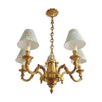 Vintage bronze chandelier with 5 handmade lampshades in William Morris fabric