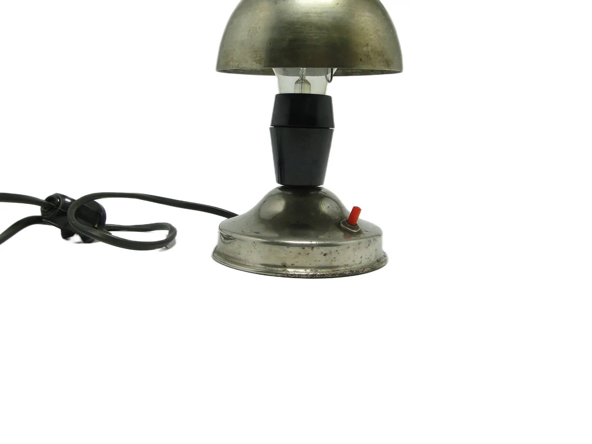 Mushroom table lamp, silver metal, black bakelite, Poland, 1950s