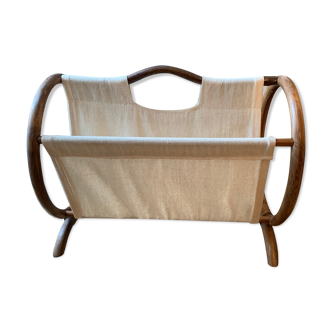 Rattan magazine holder and vintage fabric