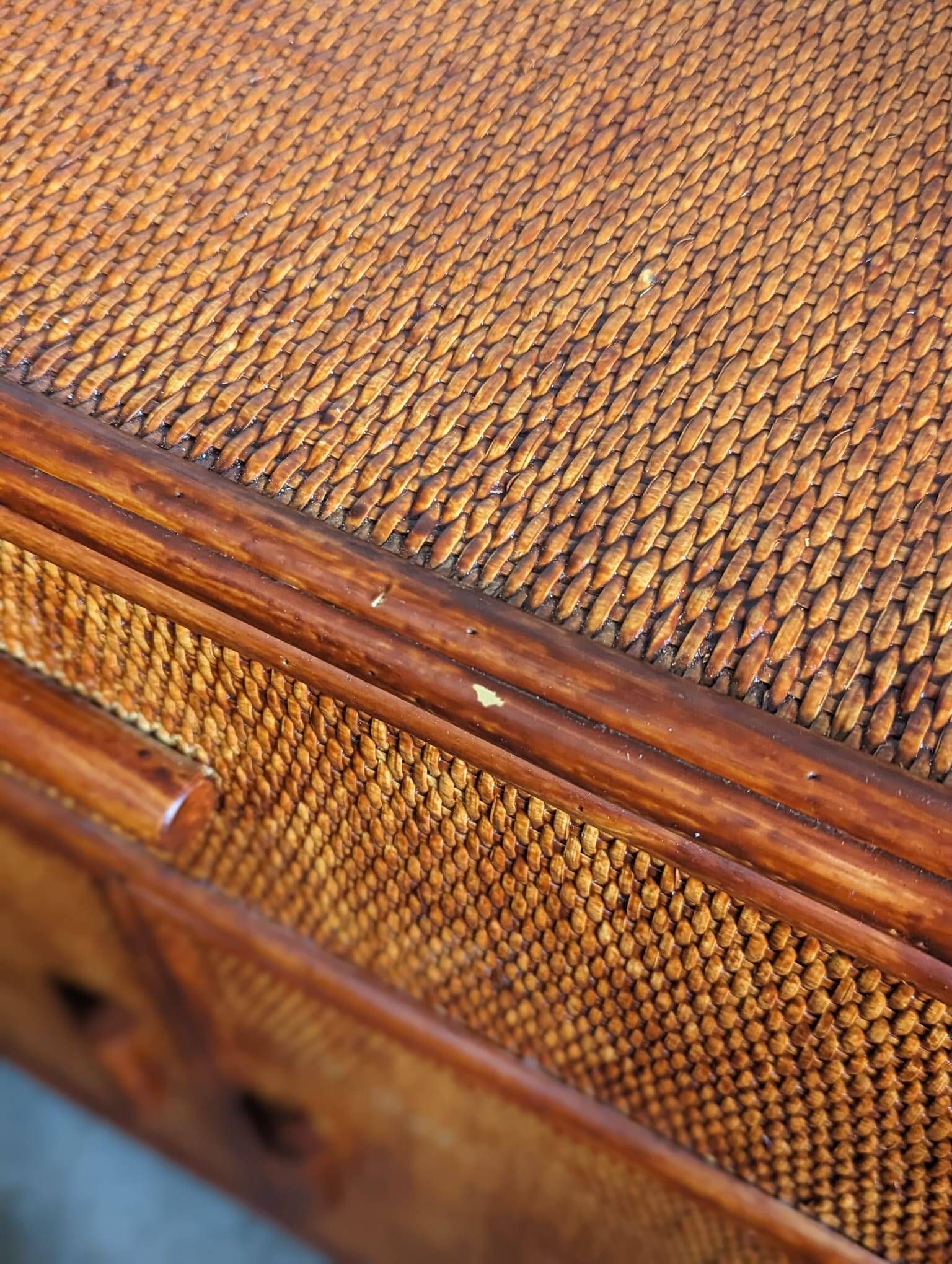 Rattan chest of drawers with one large drawer and two hinged doors - mahogany color