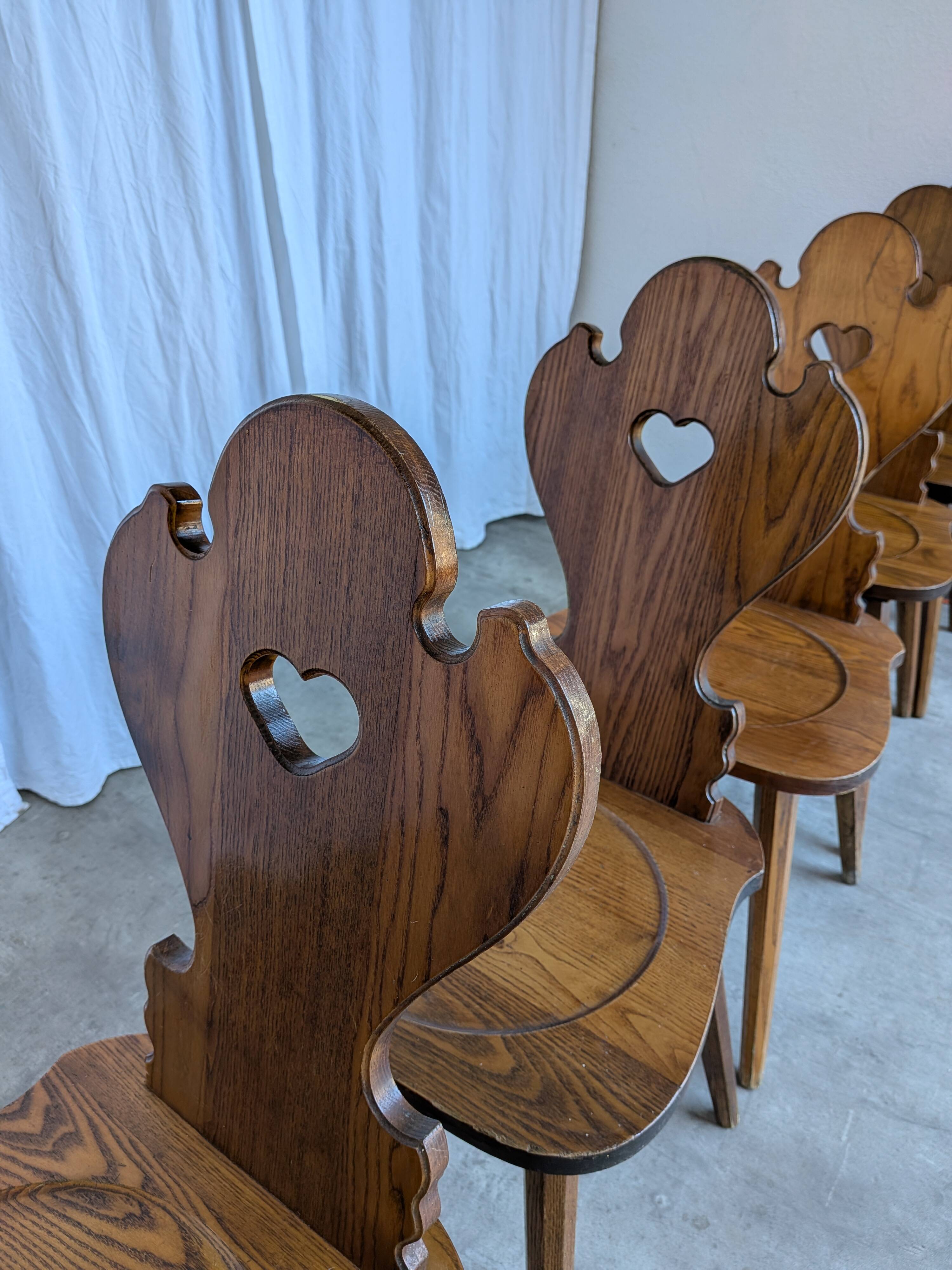 Set of 8 Farmhouse Tyrolean Chair with Heart Cutout Back / 1970s Vintage Di