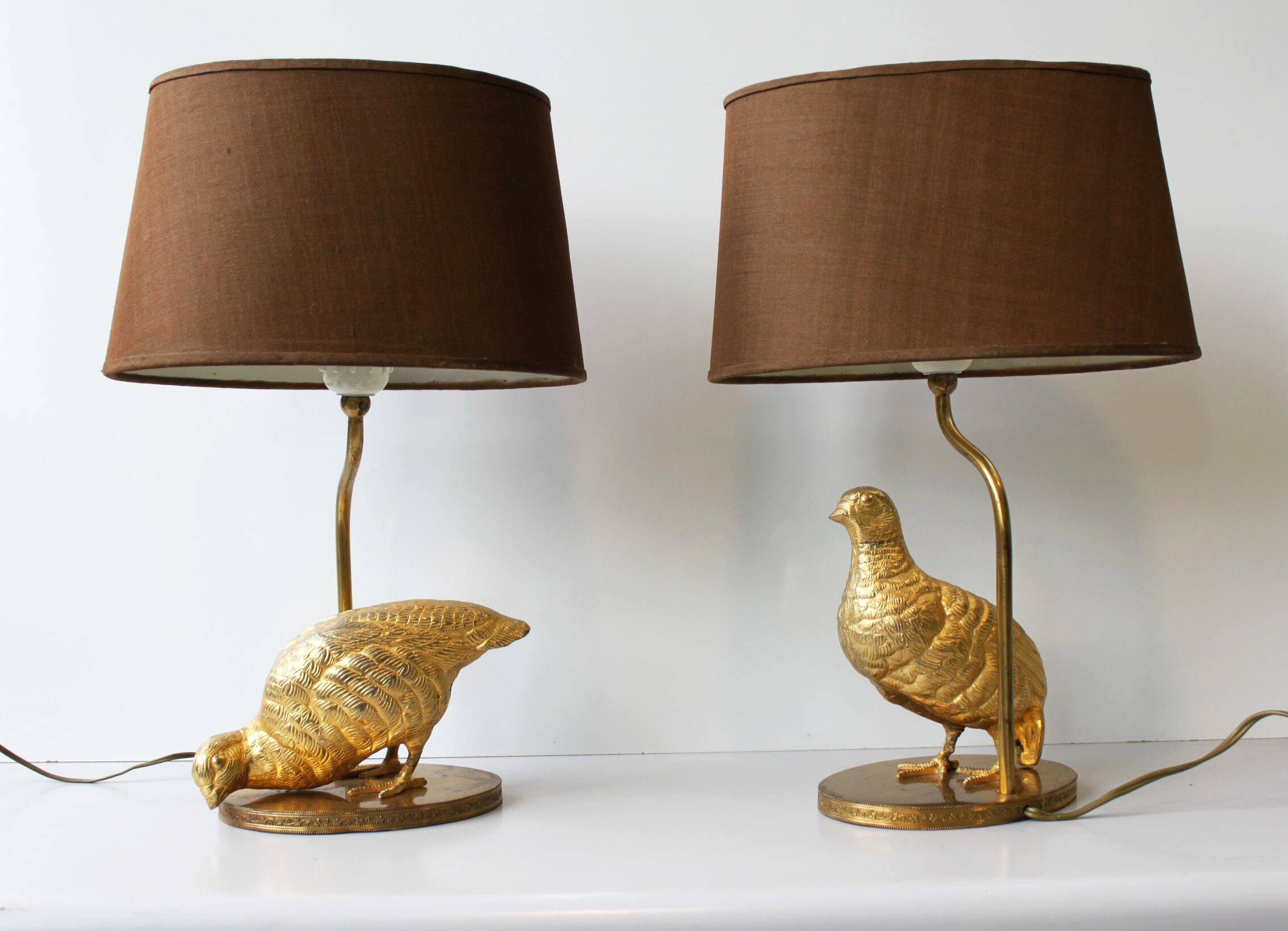 Paire de lampes perdrix en métal doré, 60’s