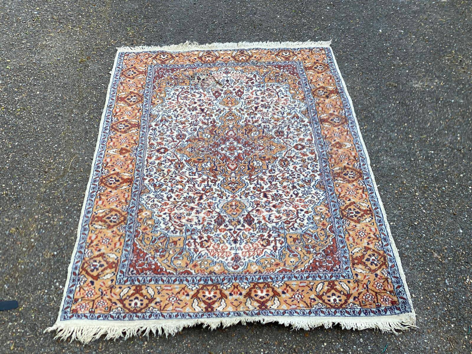 Handmade Persian rug in blue, beige, burgundy, and orange, 95x160cm.