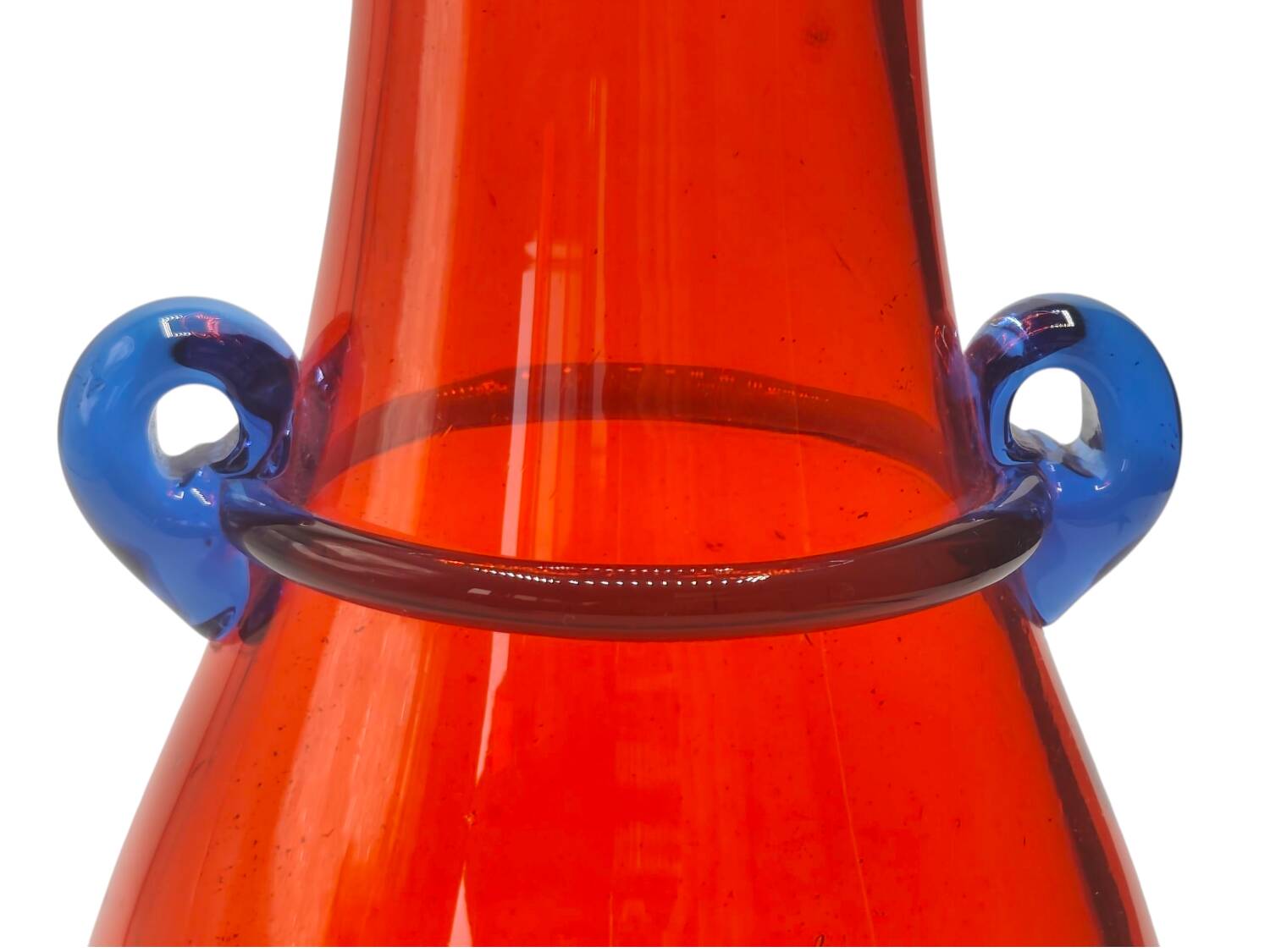 Vintage Murano Hand-Blown Glass Vase – Red with Blue Handles