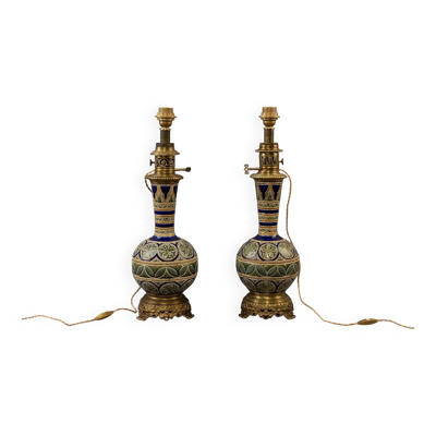 Paire de vases Longwy montés en lampe avec monture en bronze doré, fin XIXe