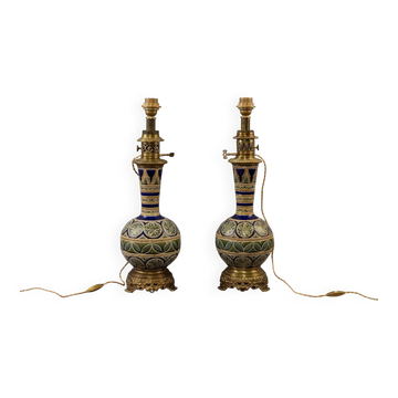 Pair of Longwy vases mounted as lamps with gilt bronze mounts, late 19th century