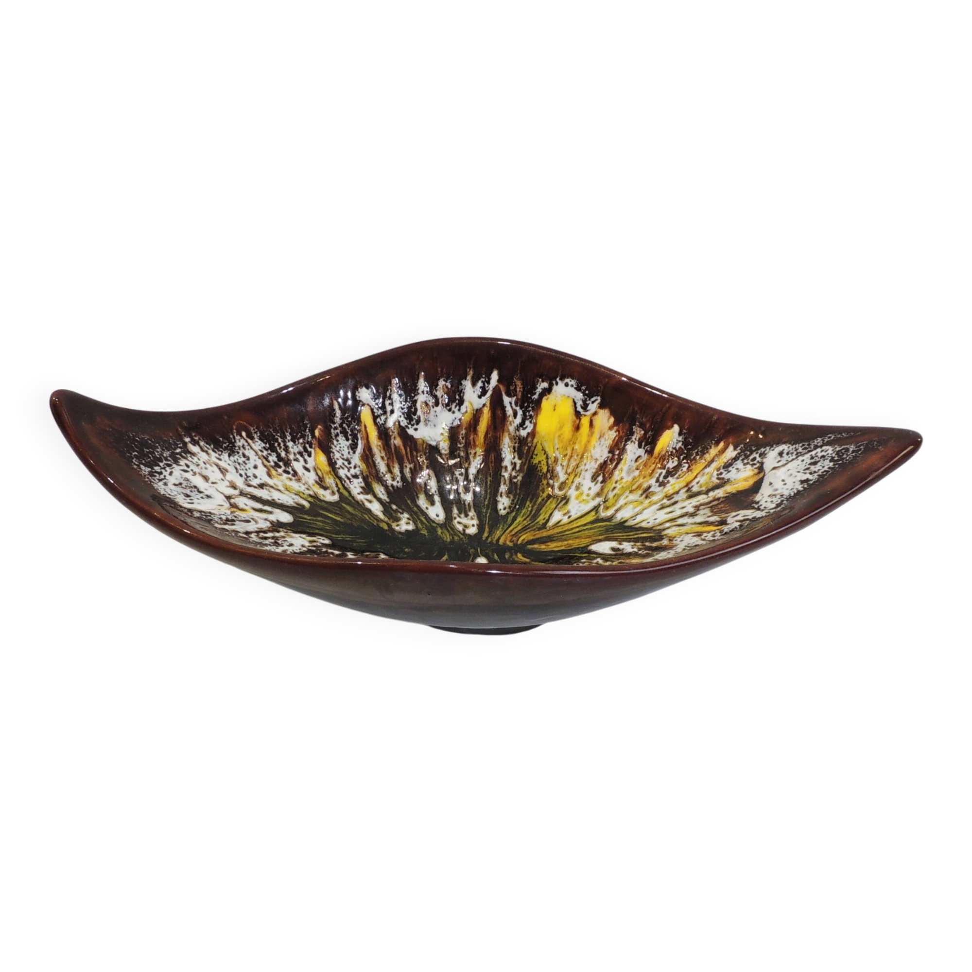 Vintage decorative dish in brown and yellow glazed ceramic from the 70s