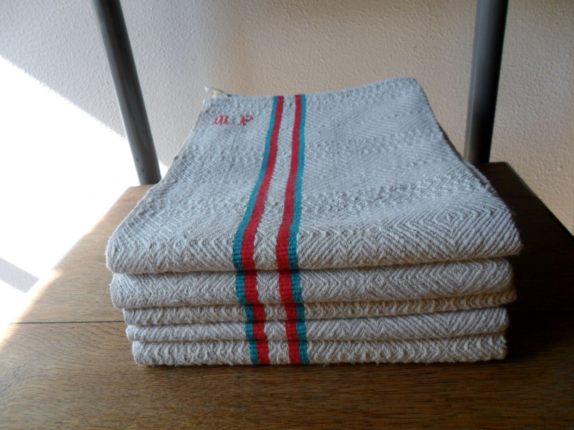 Set of 5 towels embroidered vintage, basque canvas