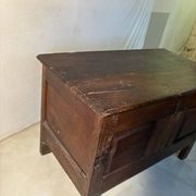 Rustic antique oak chest, original fittings and moulded panels.