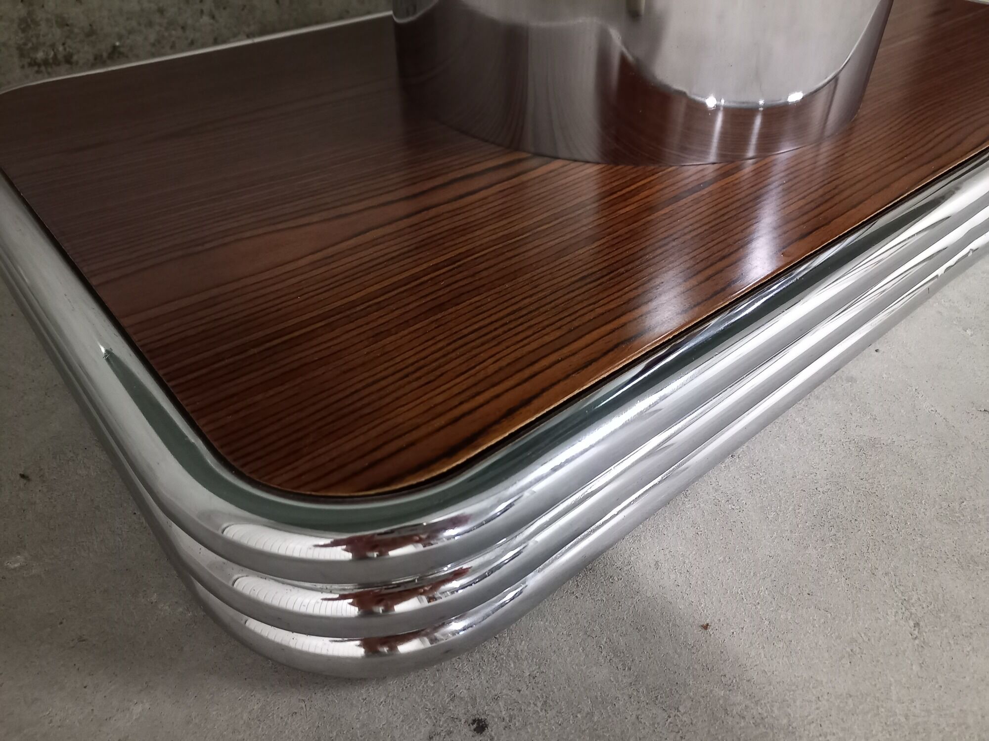 Vintage coffee table in smoked glass, chrome metal and wood décor 60s 70s
