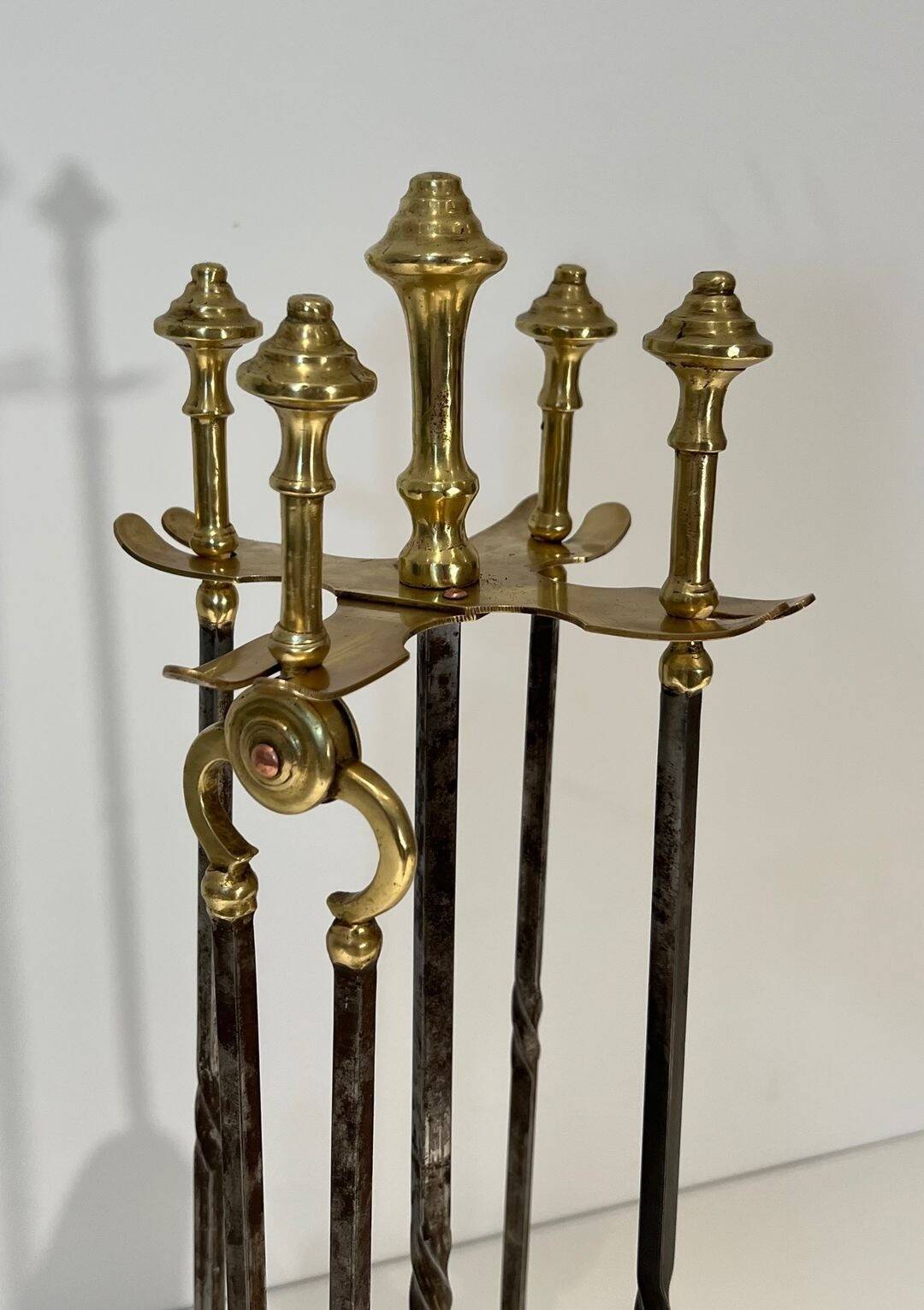 Fire Tool Set in Brass and Brushed Steel with Claw Feet, Attributed to the