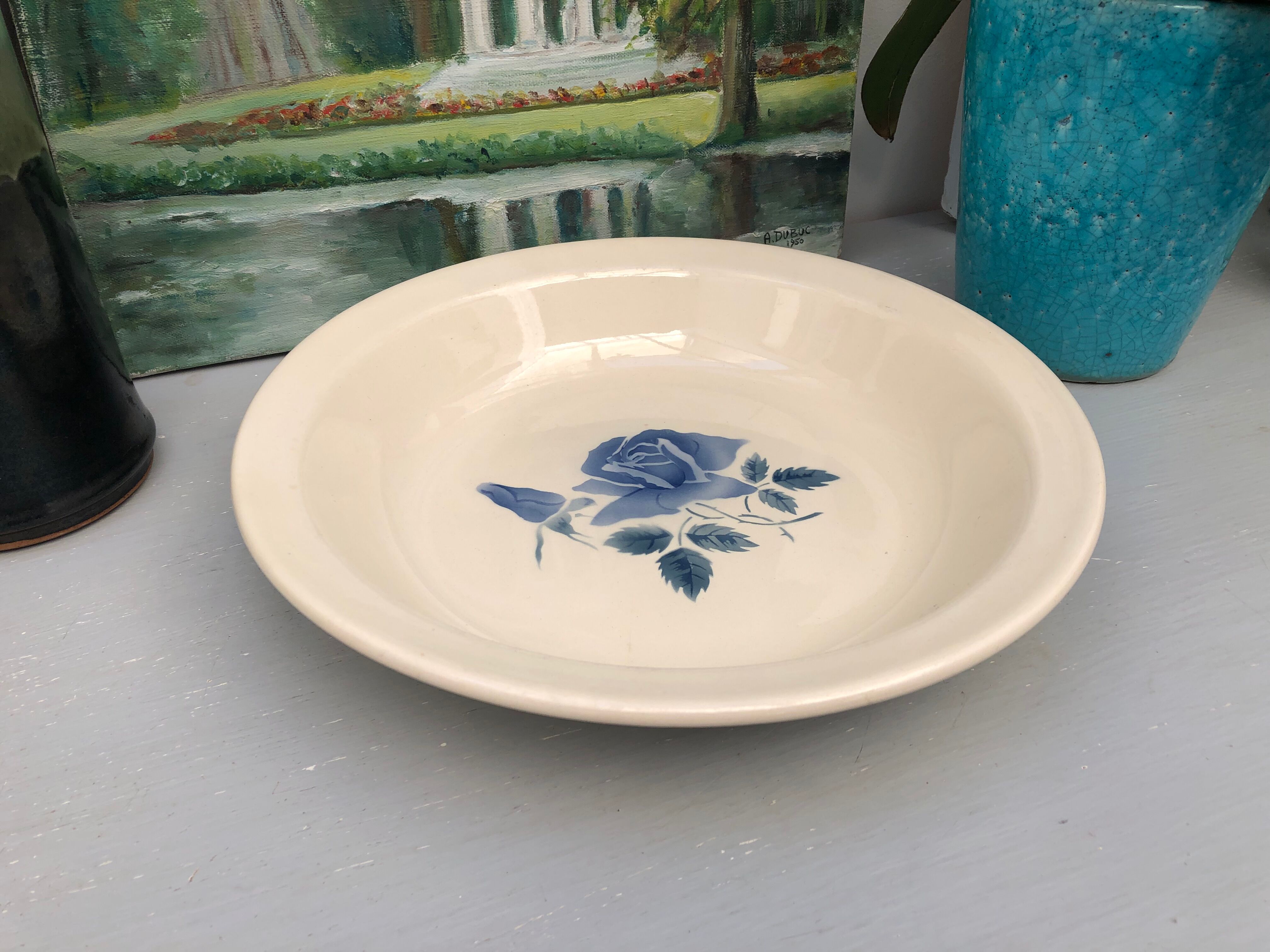 Set of 2 round dishes Sarreguemines Digoin France number 4 with blue pink floral decoration.