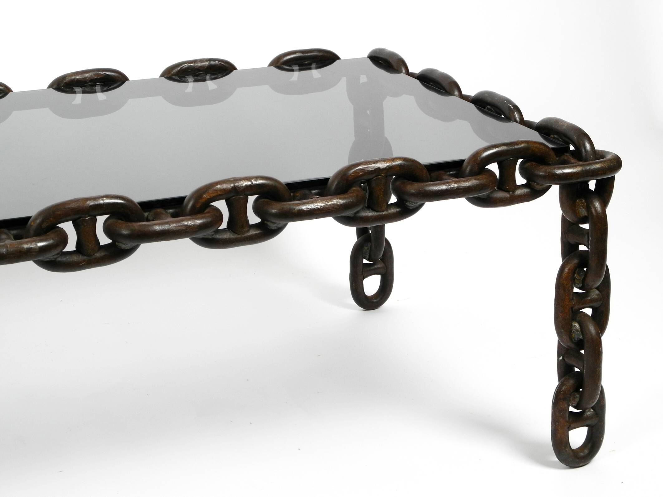 1970s XL Coffee Table Made of Nautical Iron Chain and a Thick Smoked Glass