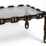 1970s XL Coffee Table Made of Nautical Iron Chain and a Thick Smoked Glass