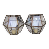 Pair of vintage wall lights with brass glass and mirror