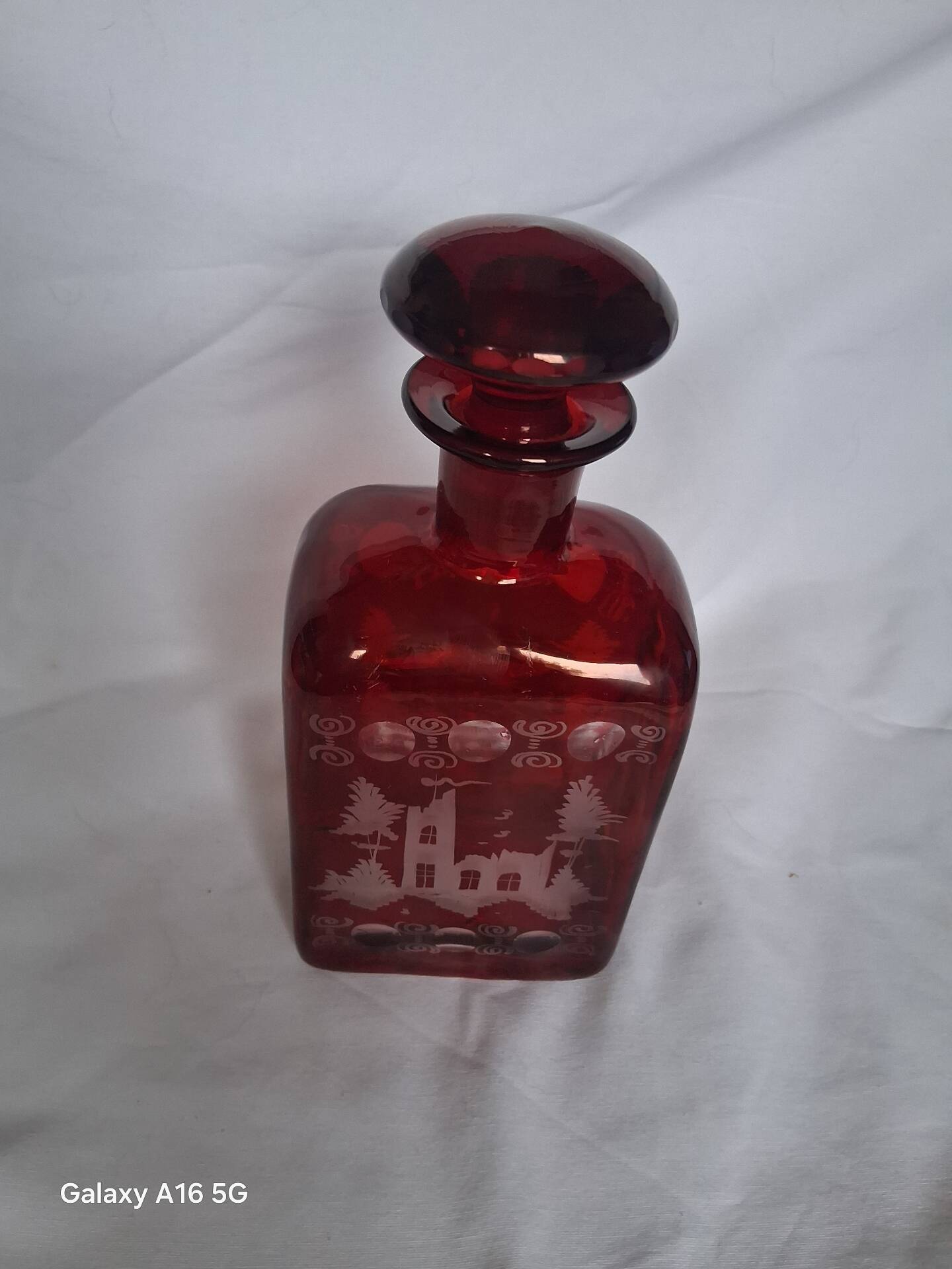 Antique Bohemian Crystal Carafe Egermann Ruby Red Engraved.
