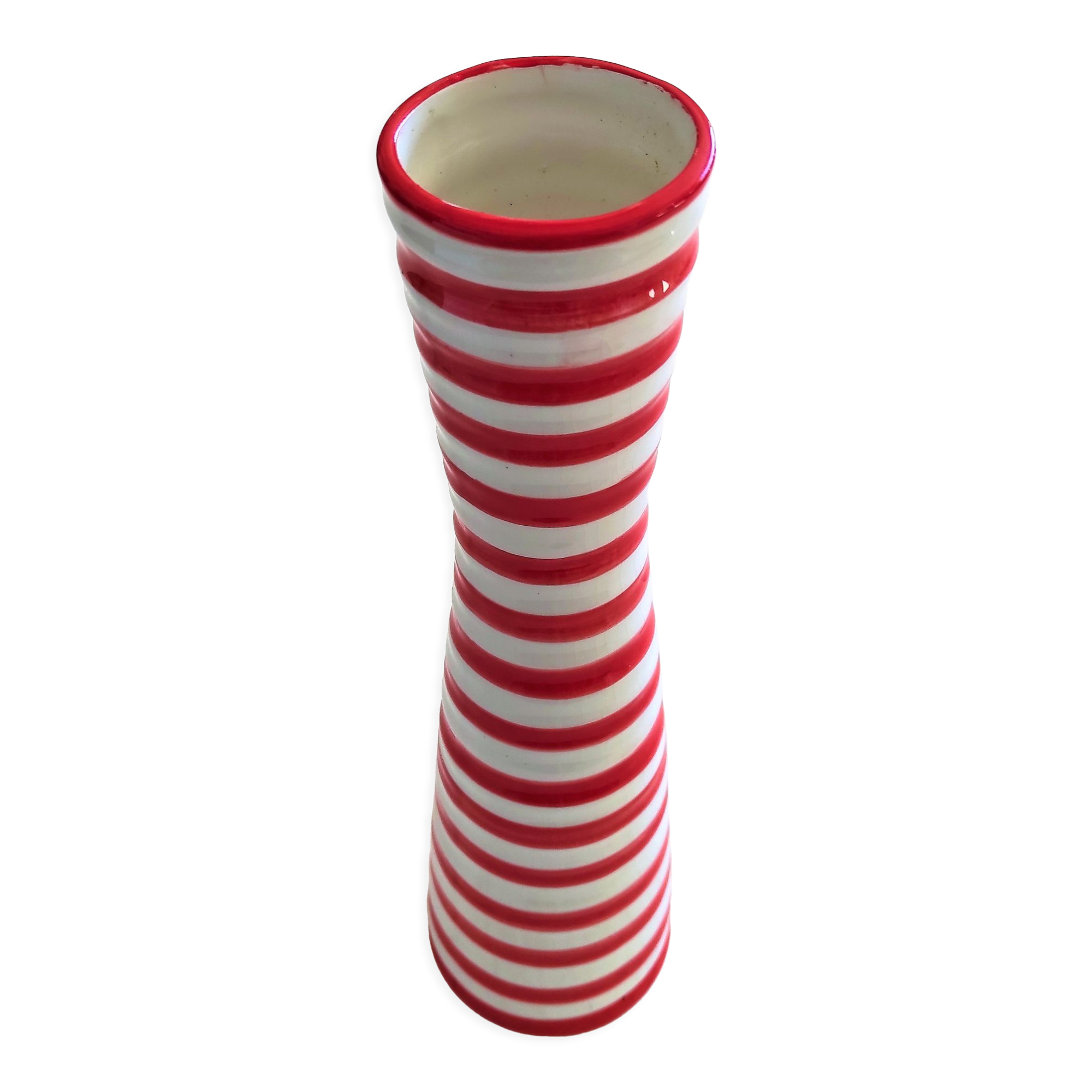 Red and white ceramic vase with vintage embossed mark