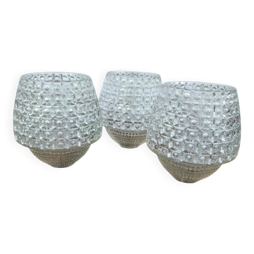 Lot de 3 globes / tulipes vintage en verre moulé transparent pointe de