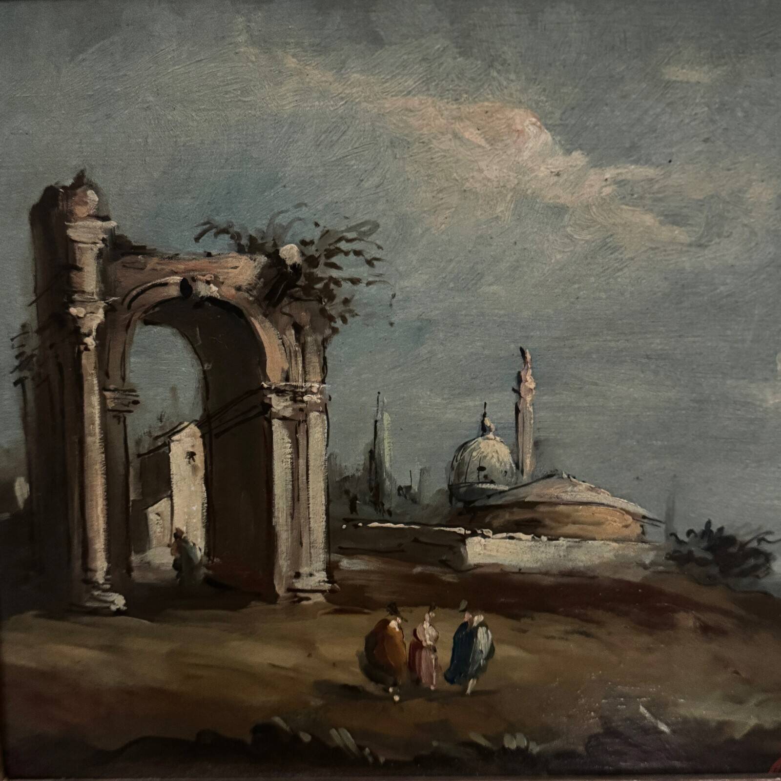 Oil on panel depicting a port from the early 20th century