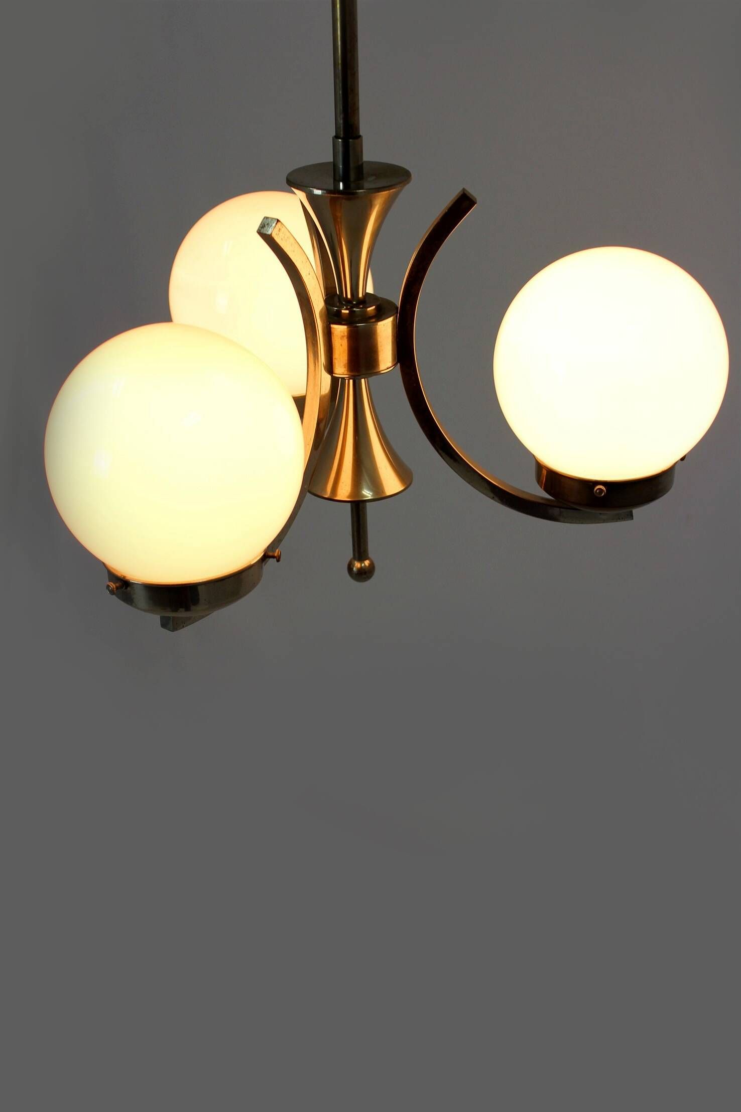 Vintage Czech Bauhaus style pendant light, tall, with opaline glass globes, 1940s