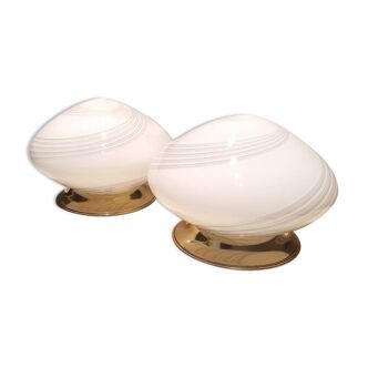 Pair of white swirl Murano glass bedside lamps MCM Mid-century modern Italian vintage handcrafted glass table lights scandinavian design