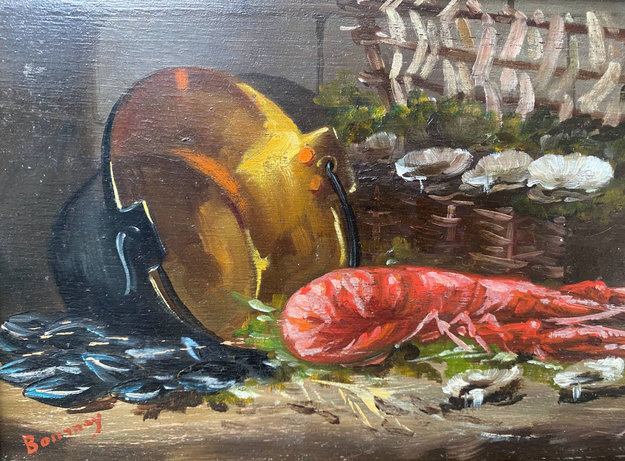 HSP painting "Still life with mussels and lobster" 19th century signed Bournay + frame