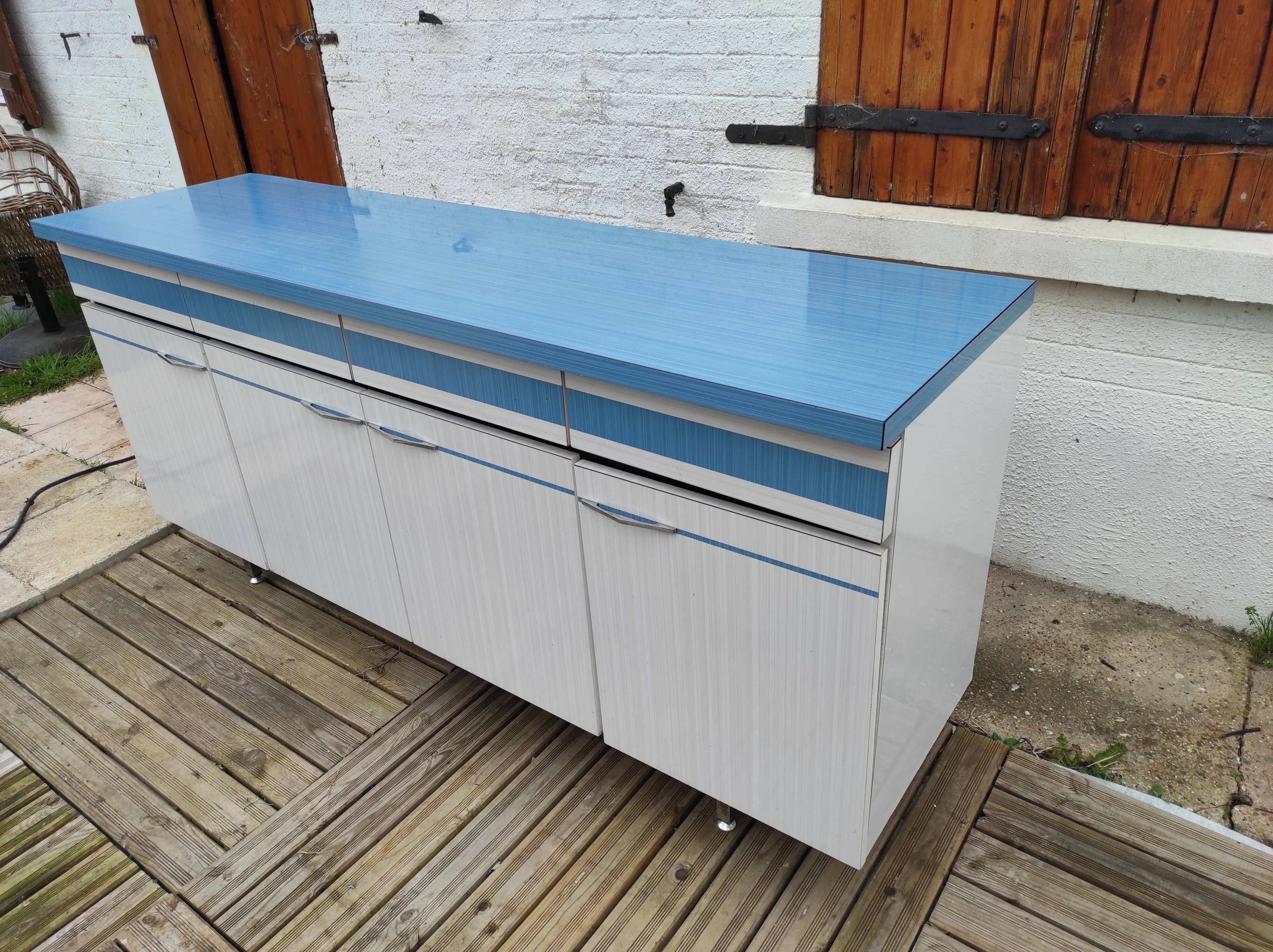 Kitchen cabinet in blue formica 4 doors 4 drawers