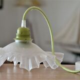 White pleated opaline pendant lamp – Electric mounting in green color