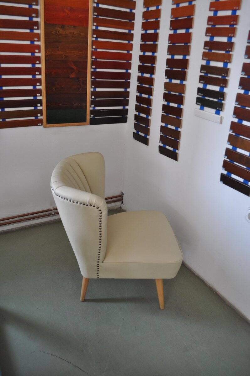 Vintage beige and cream cocktail armchair in fabric and eco-leather on a wooden frame — 1960s.