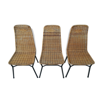 Set of 3 rattan and metal chairs