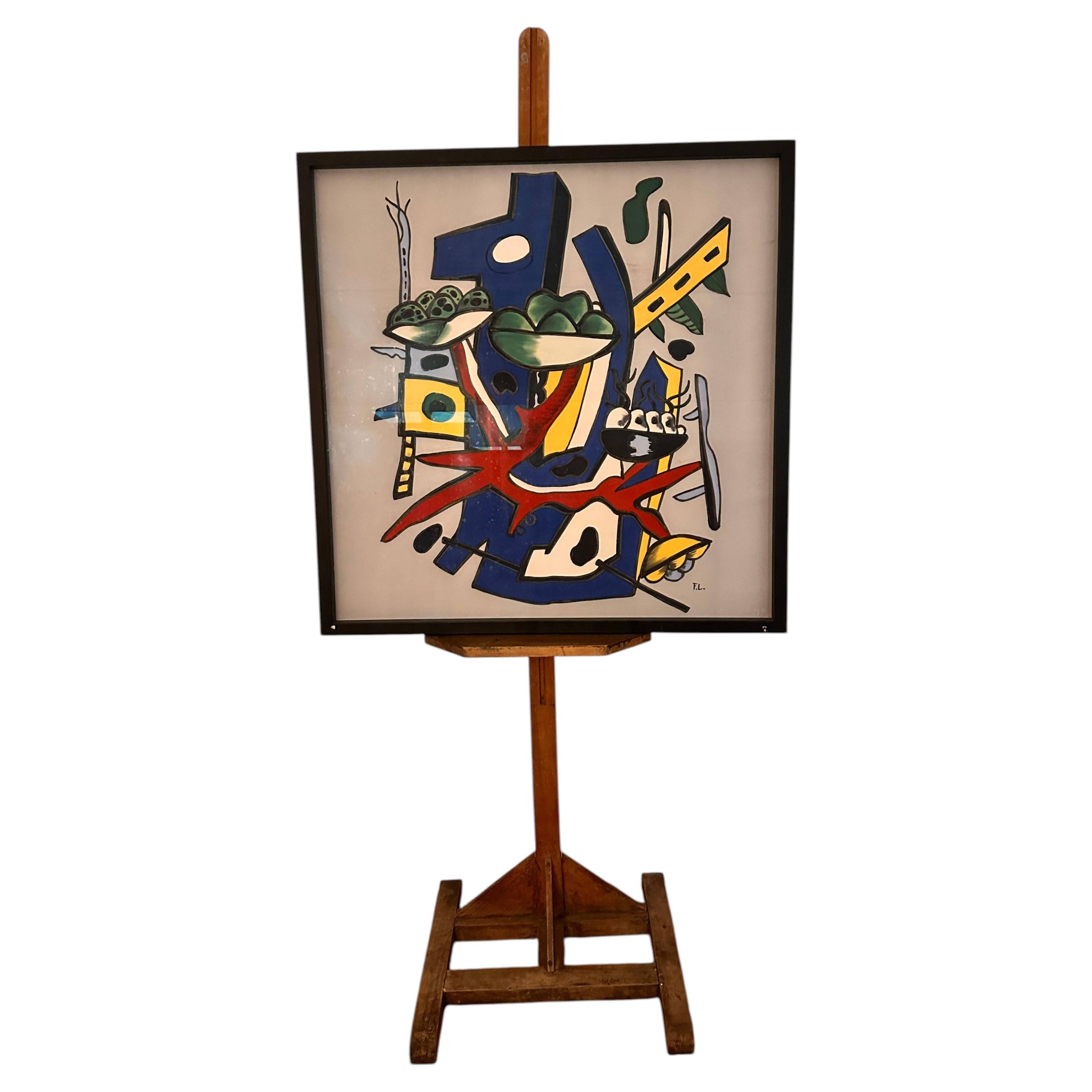 Impression sérigraphique encadrée sur soie, après Fernand Léger, composition moderne du milieu du siècle