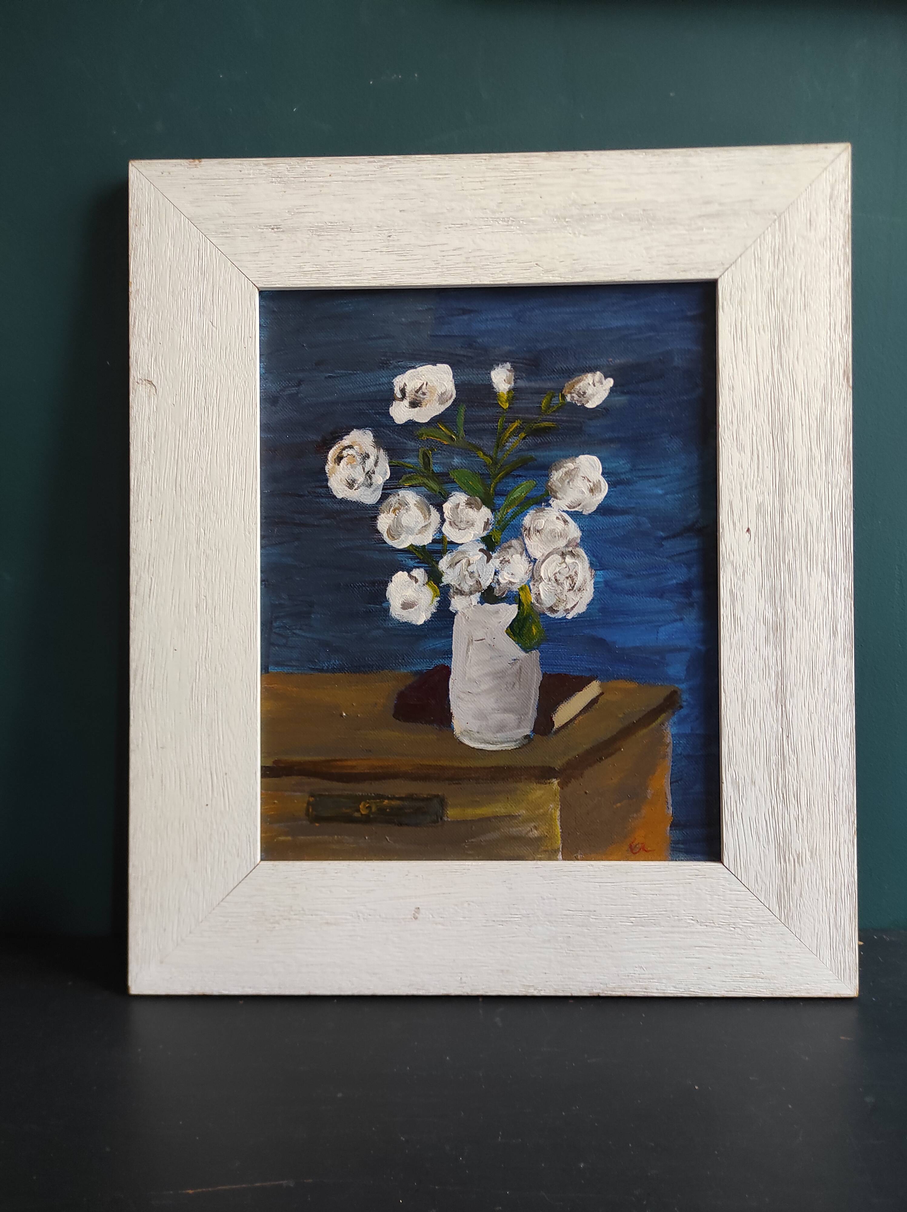 French vintage oil painting of flowers signed EC