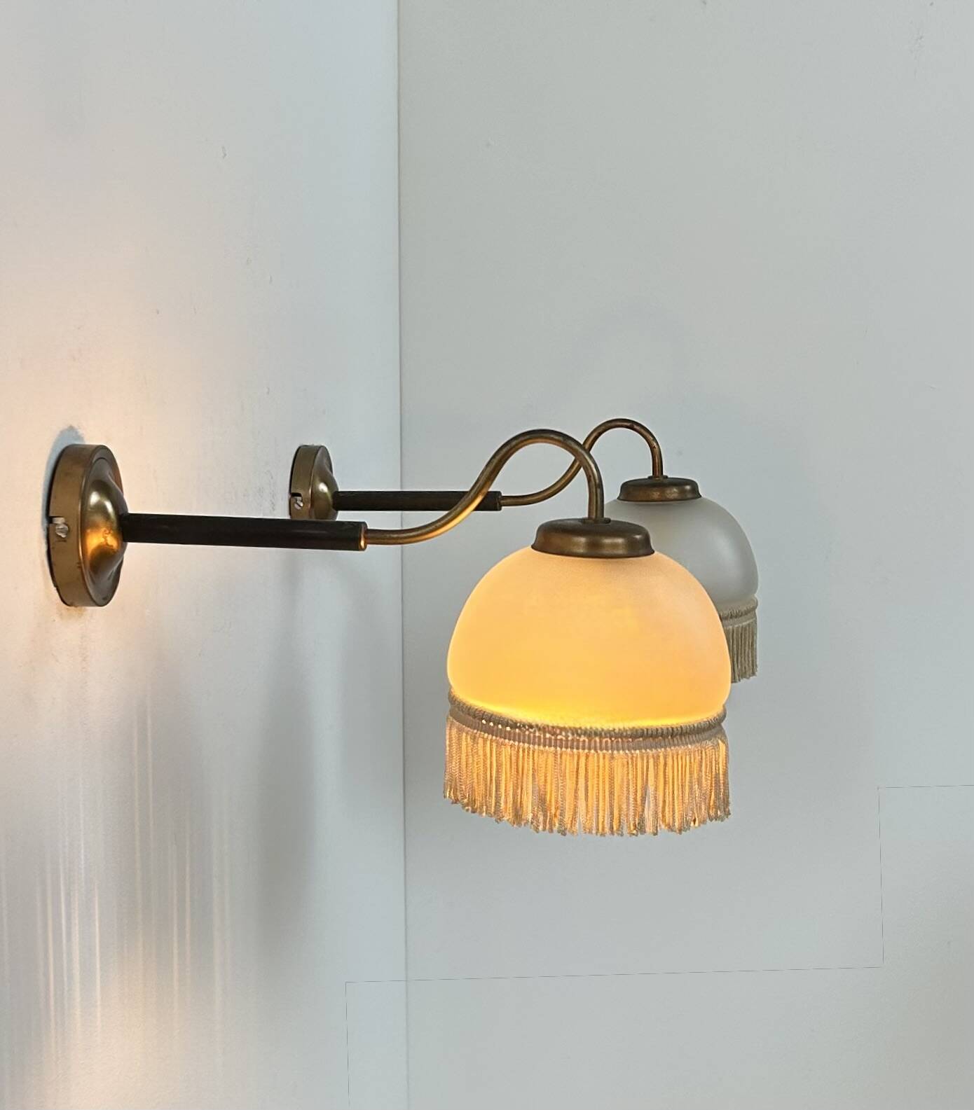 Vintage pair of wall lights, brass and frosted glass, France, 1970.