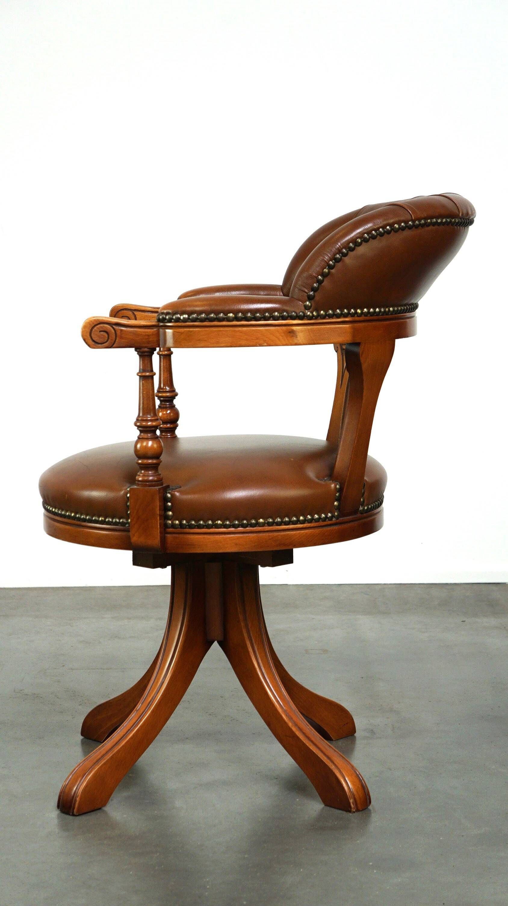 Swivel English style Chesterfield armchair/office chair in brown cowhide