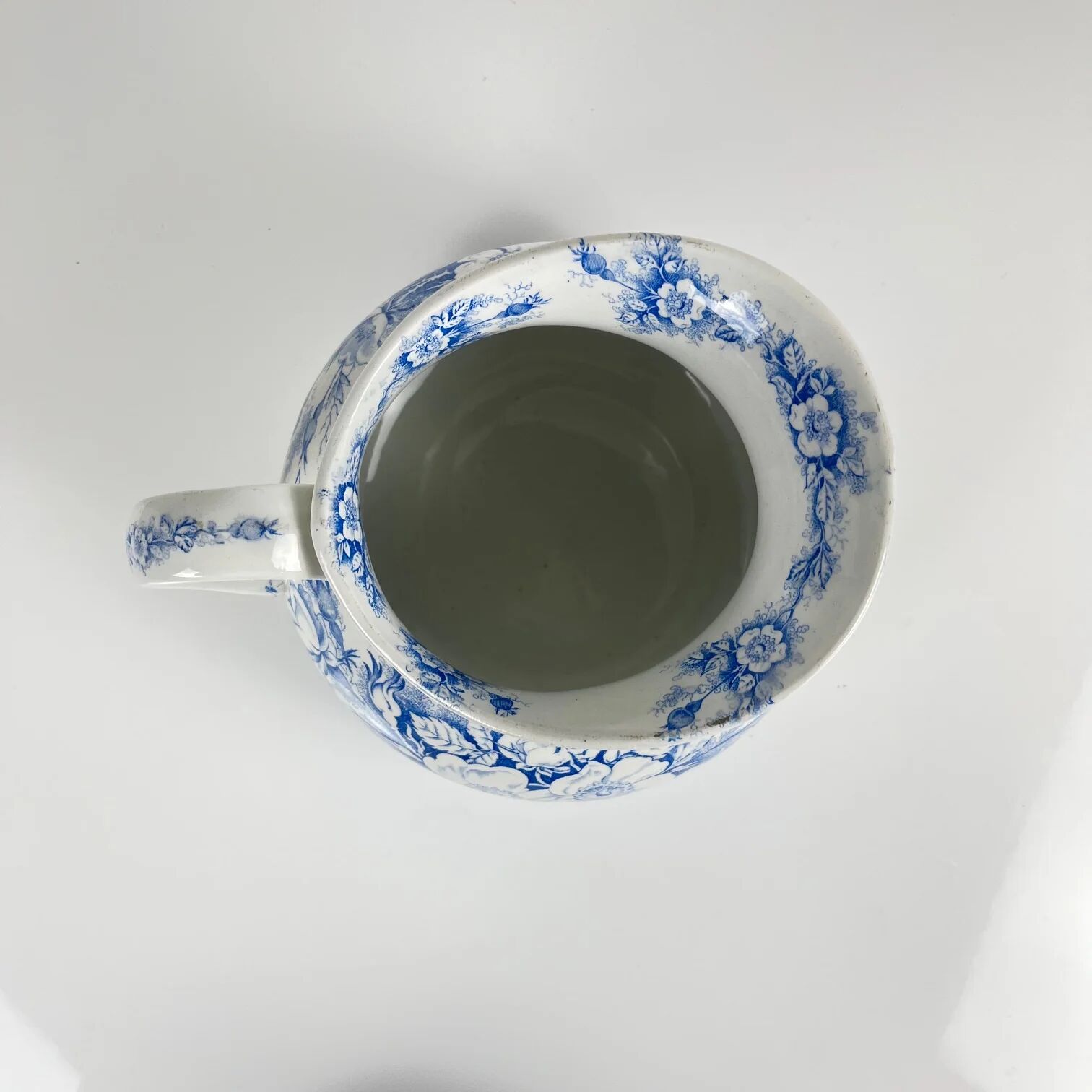 Chubby pitcher, old toilet jug KG Lunéville, blue flower pattern, late 19th to early 20th century.