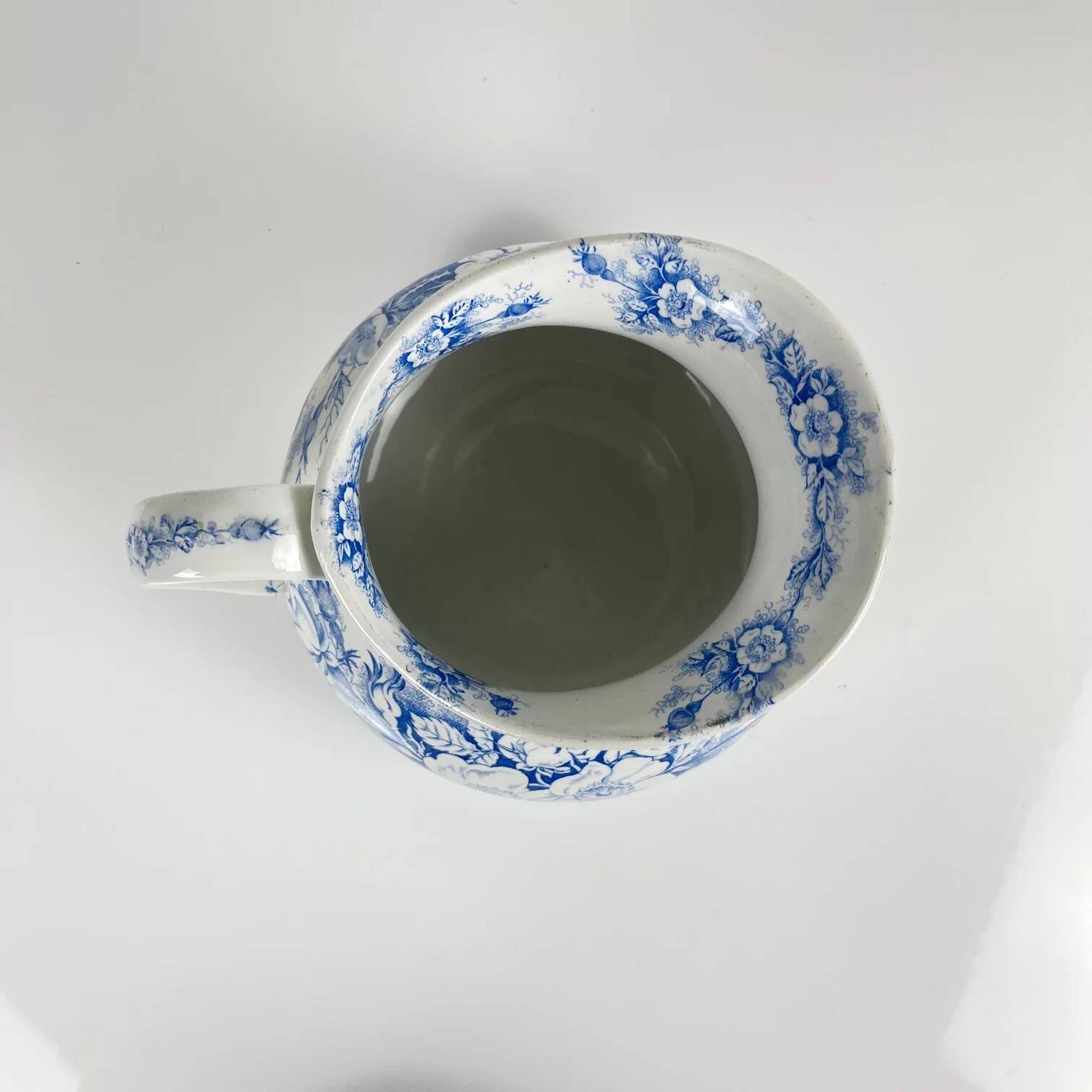 Chubby pitcher, old toilet jug KG Lunéville, blue flower pattern, late 19th to early 20th century.