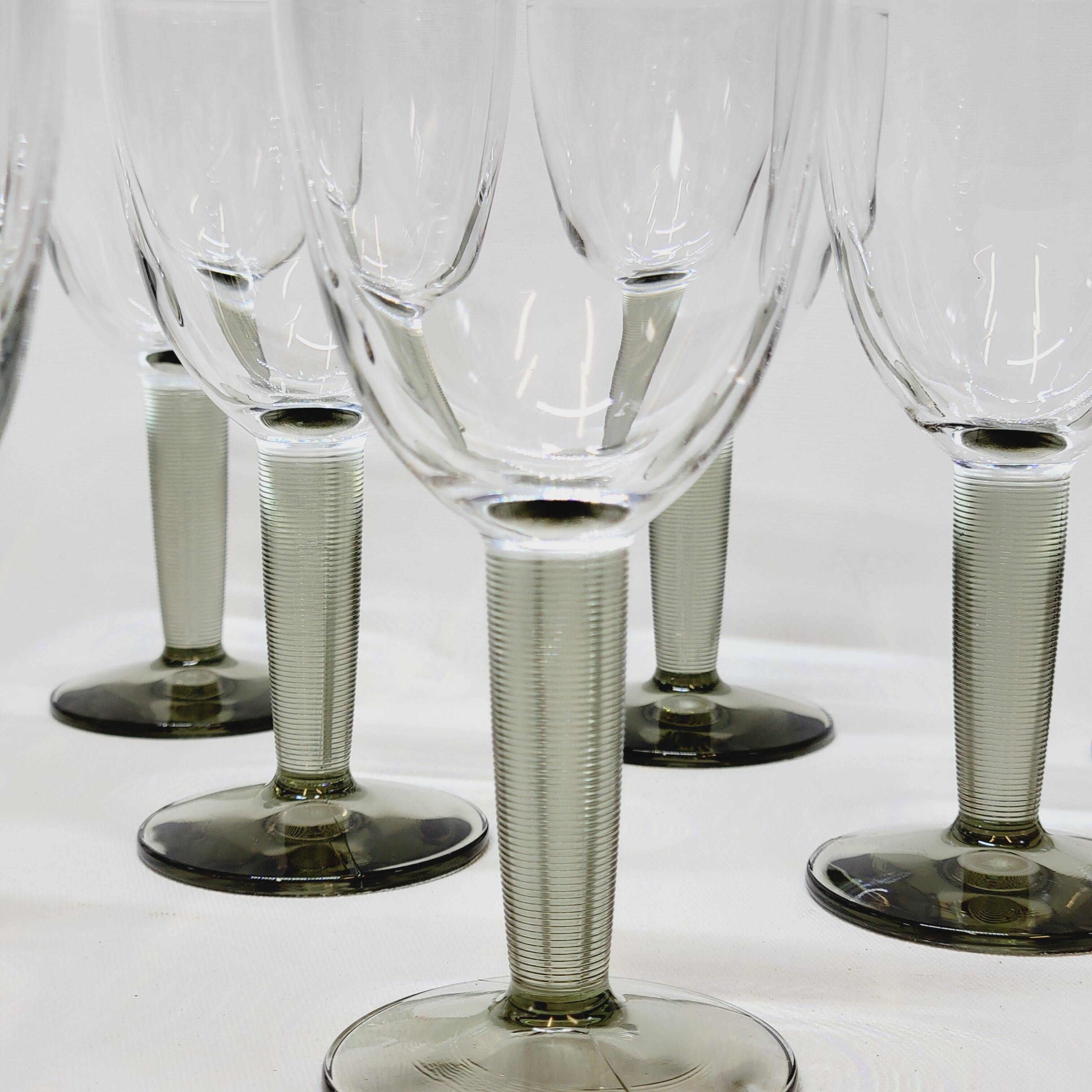 10 Bormioli Rocco Vintage Crystal Wine Glasses with Grooved Grey Stem