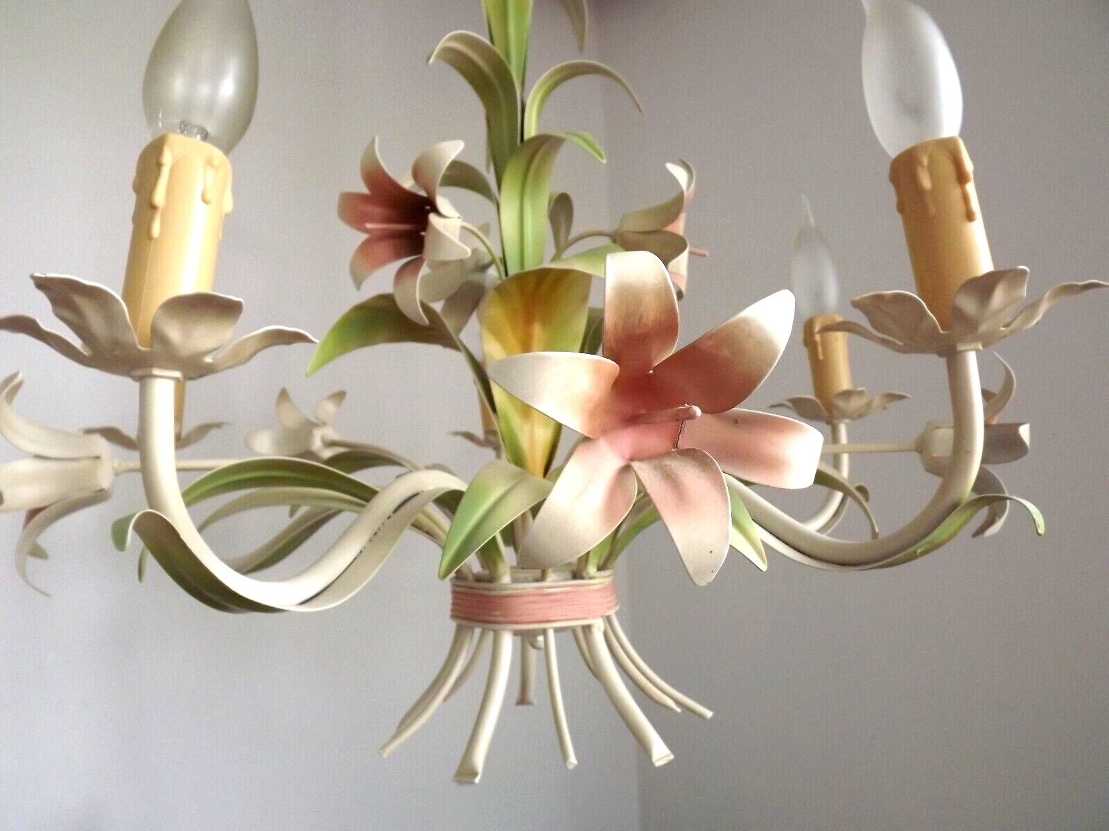 Vintage french 5 arm tied bouquet toleware chandelier pink lily flowers 4264