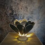 Flower table lamp made of rattan and fir green linen petals