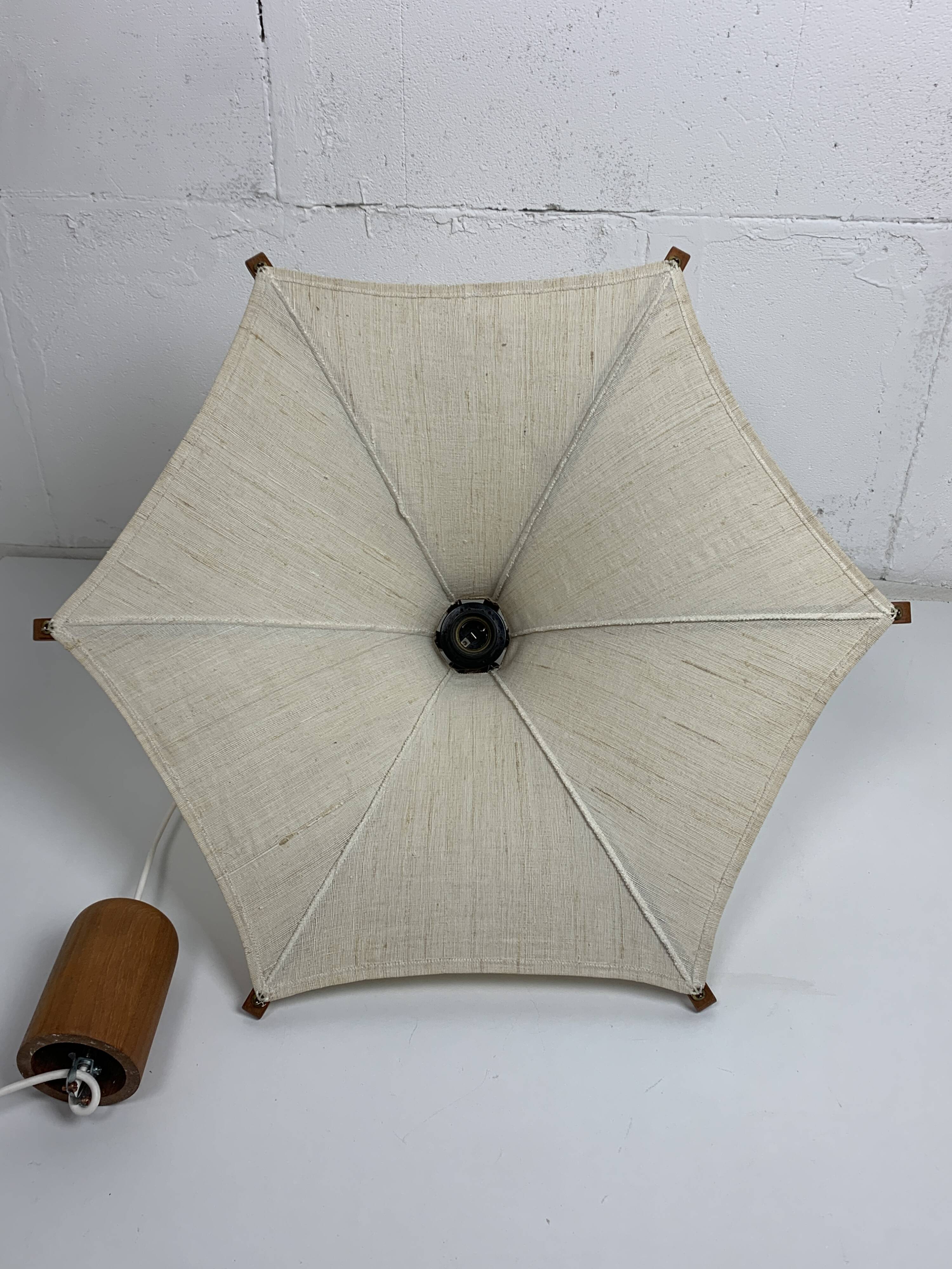 Teak and linen umbrella pendant hanging lamp by Domus, 1970s