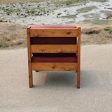 Pair of pine fireside chairs, France, 1960s, "raspberry" cushions