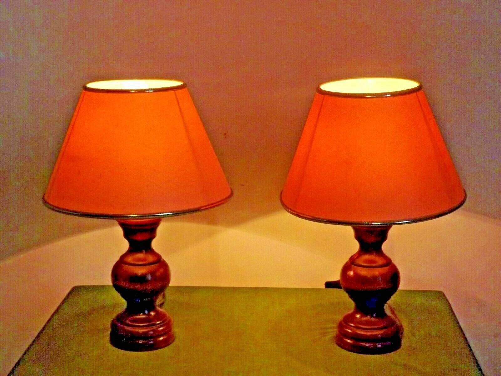 Pair French Mid Century Turned Wood Table Lamps With Beige & Gold Shades 3247