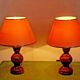 Pair French Mid Century Turned Wood Table Lamps With Beige & Gold Shades 3247