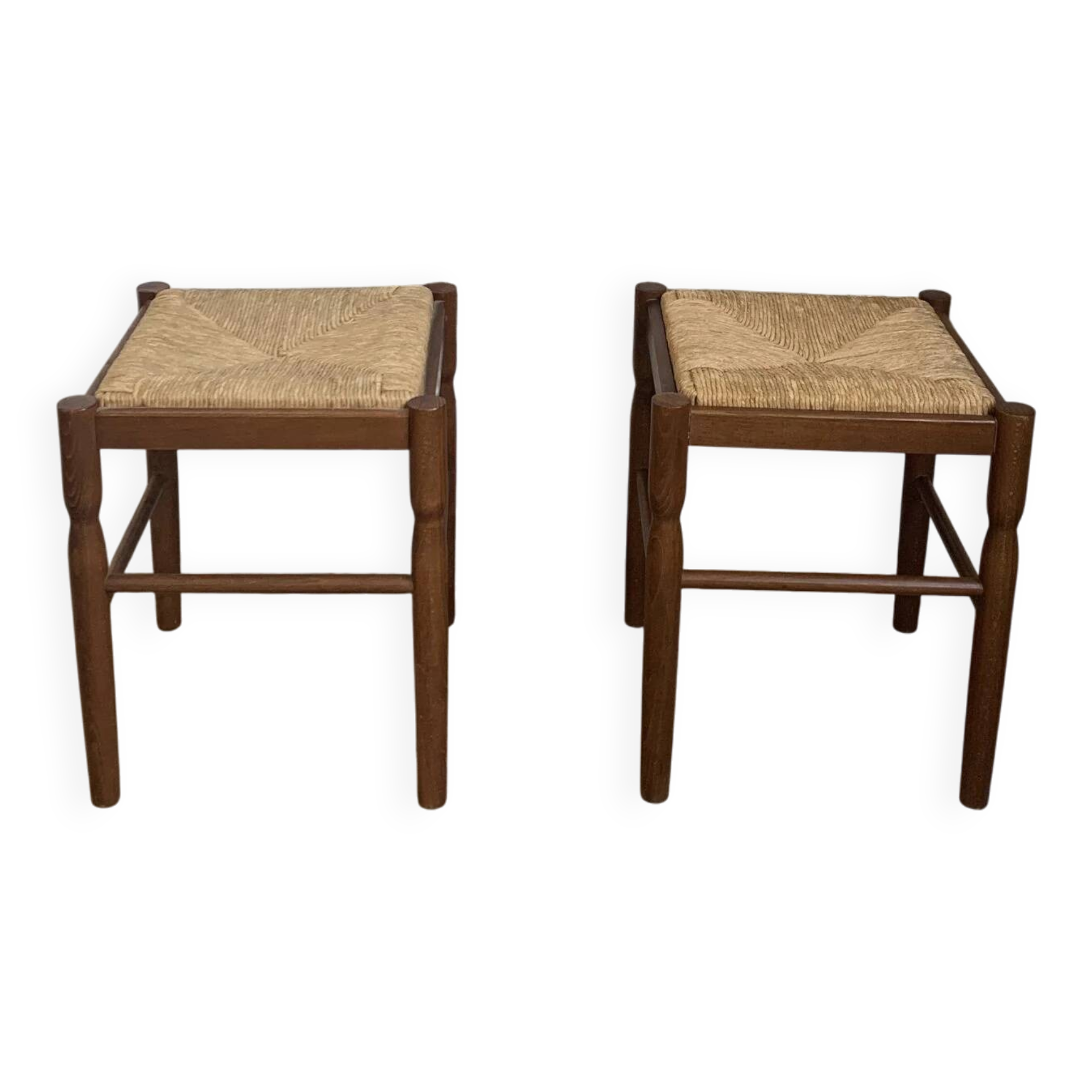 Pair of 20th-century wooden stools with straw seats