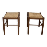 Pair of 20th-century wooden stools with straw seats