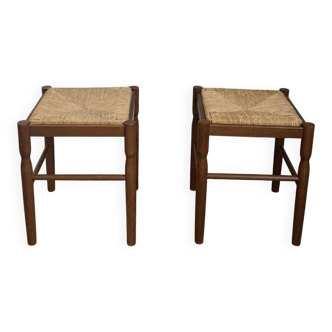 Pair of 20th-century wooden stools with straw seats