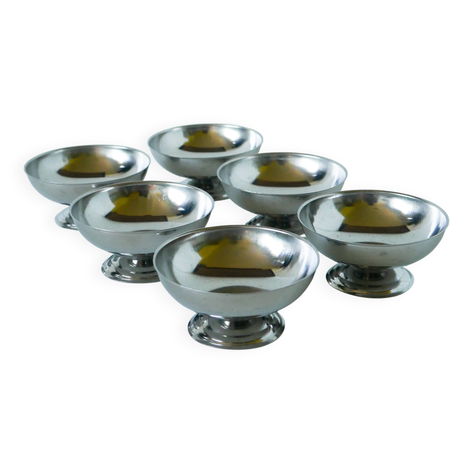 Set of 6 stainless steel ice cream bowls, wide base, Design, 1970 - 4.5 x 9 cm