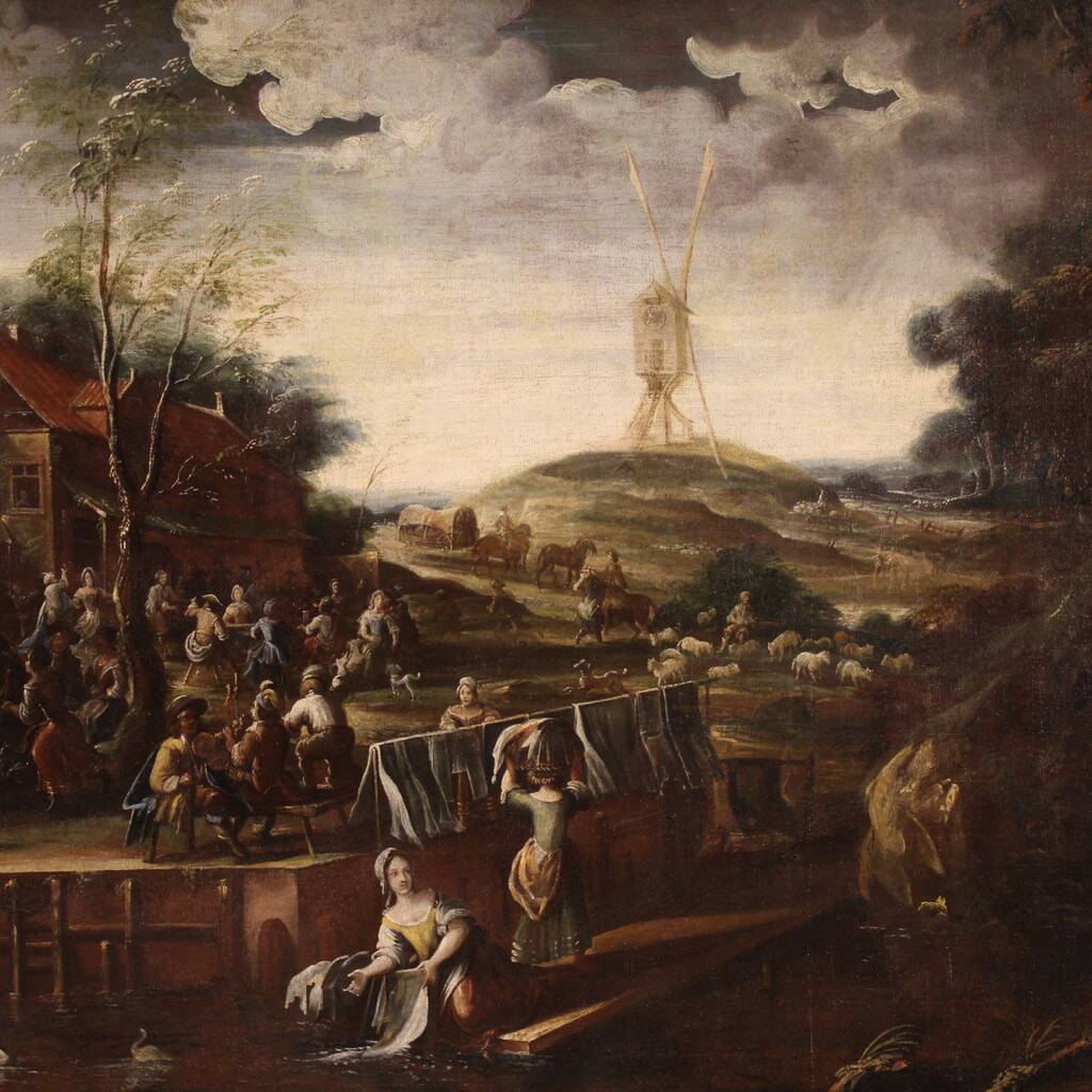 Grand tableau de paysage flamand du XVIIe siècle, fête de village
